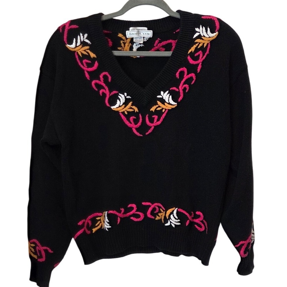 Vintage Izod Club Sweater V Neck Embroidered Black Cotton Ladies Large